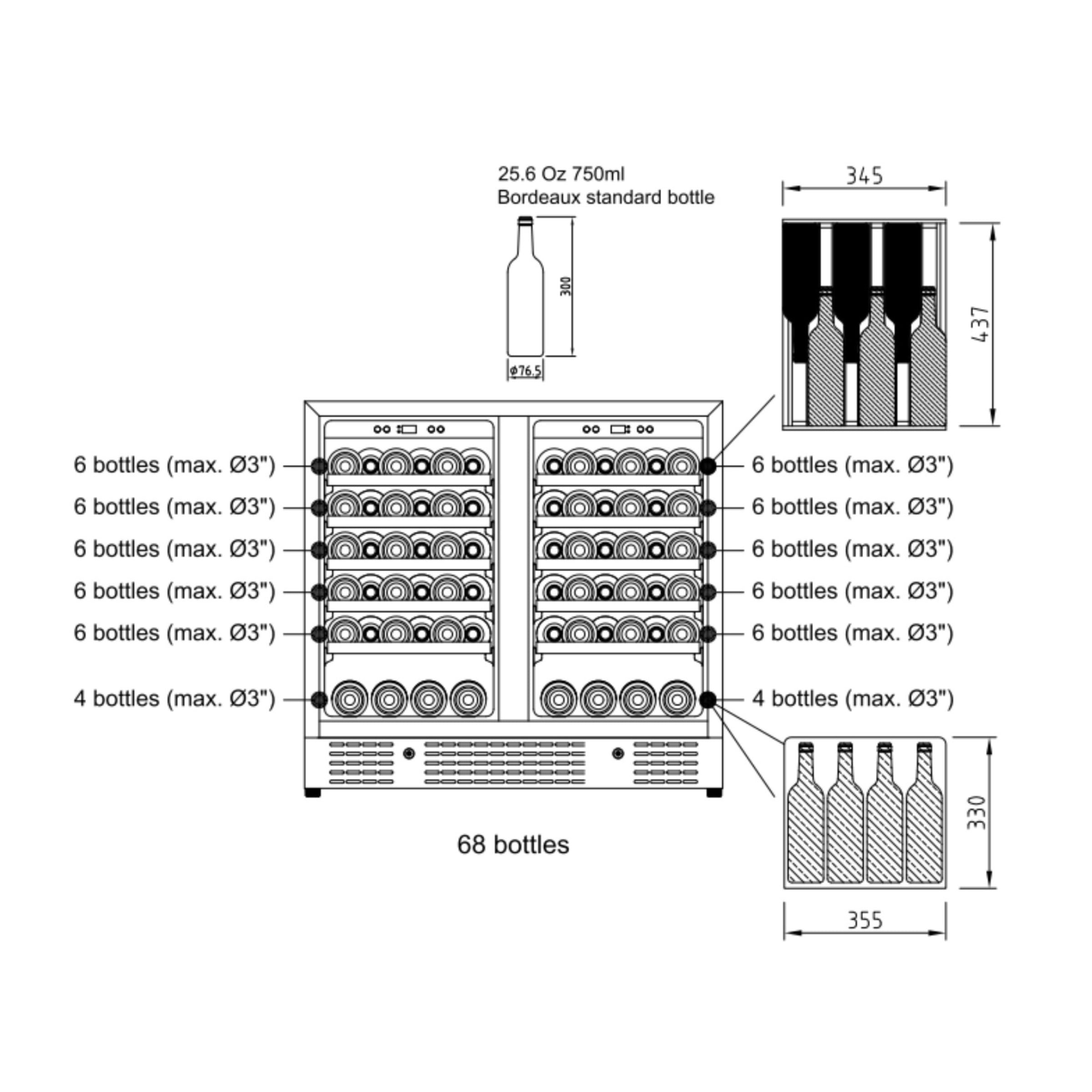 36-inch Under Bench Dual-Zone Wine Cooler with Low-E Glass Door